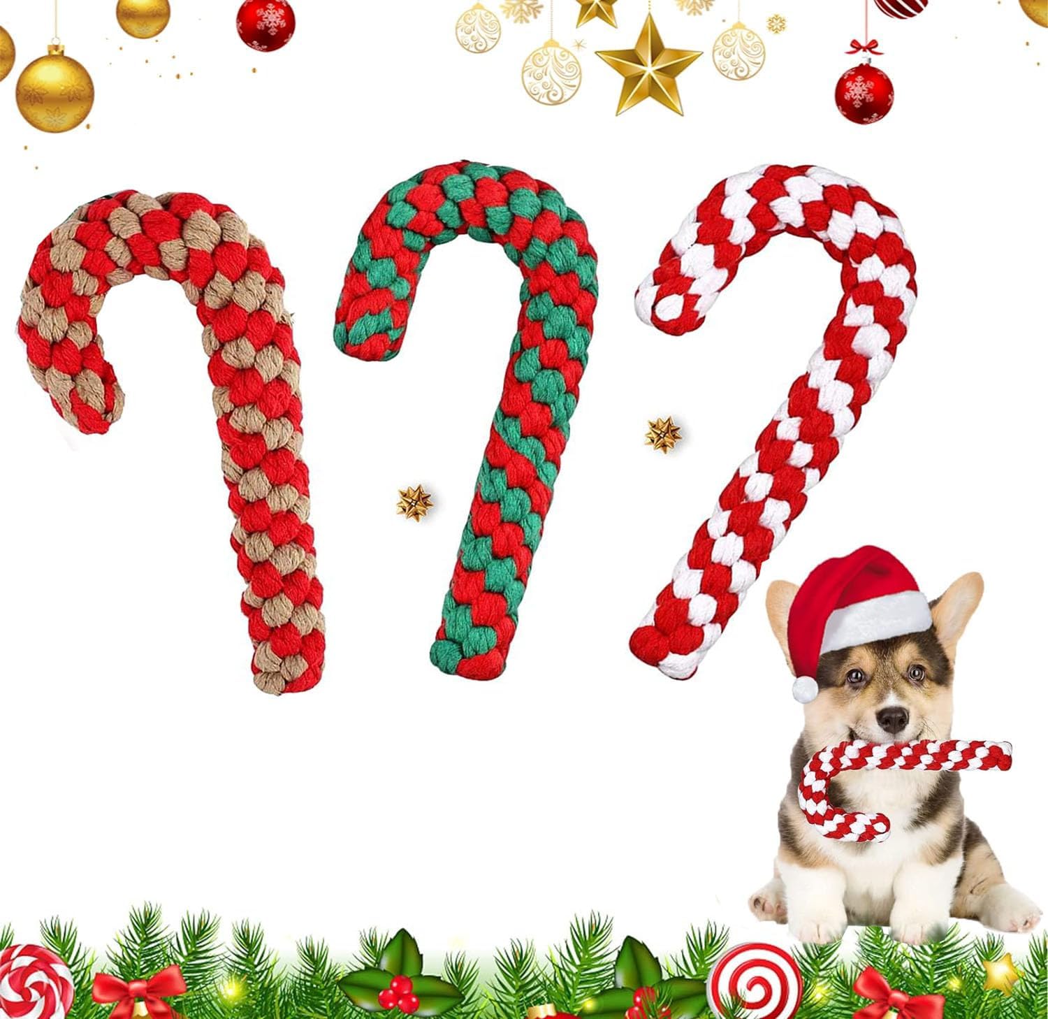 Lot de 3 jouets de Noël pour chien, Canne en corde bonbon de Noël, Jouet Chien Corde, Jouet à Mâcher Corde Interactif Chien Corde Balle, pour Nettoyage de Dents Molaires Jeux pour Chiot Petits/Moyens