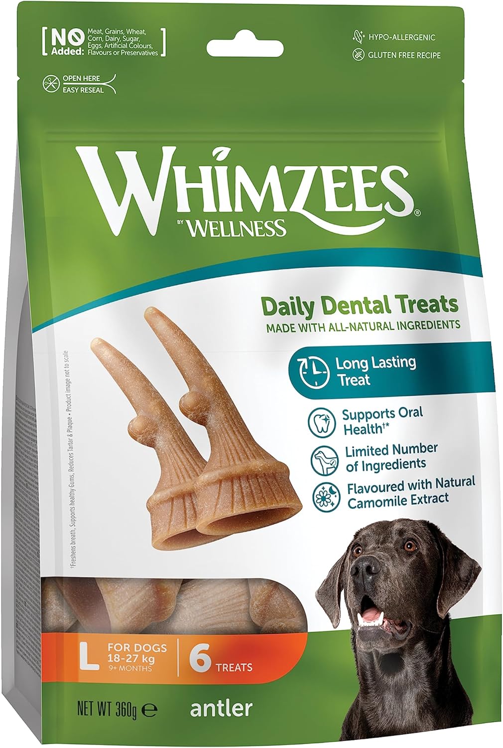 WHIMZEES Antler, friandise dentaire occupante en forme de bois de cerf avec effets calmants pour grands chiens (18-27kg), entièrement naturelle, sans céréales, 6 pièces